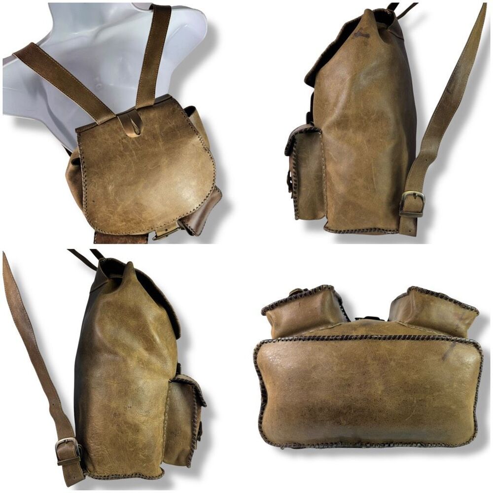 Vintage Distressed Handmade Rugged Rustic Soft Brown Tan Leather Backpack Bag - Picture 4 of 12